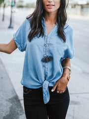 Cotton Women Fashion Tie Turn Down Collar Short Sleeve Blouses