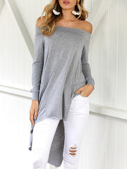 Fashion Off Shoulder Plain Color Long-sleeved Shirt with Irregular Hem