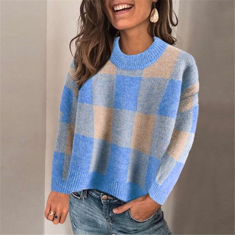 Casul Plaid Round neck Long sleeve Knit Sweaters