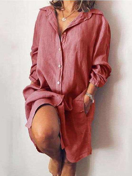 Casual Loose Pure Lapel Long sleeve Fastener Shirt Shift Dresses