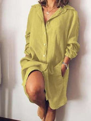 Casual Loose Pure Lapel Long sleeve Fastener Shirt Shift Dresses
