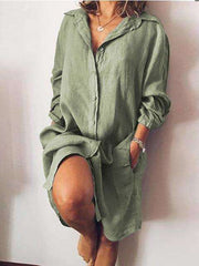 Casual Loose Pure Lapel Long sleeve Fastener Shirt Shift Dresses