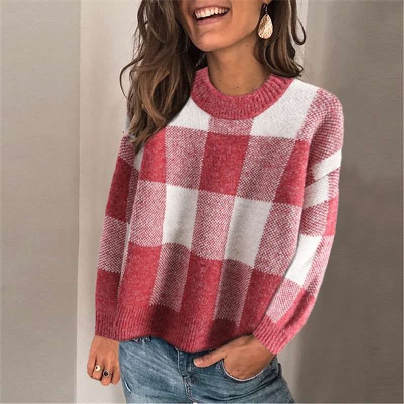 Casul Plaid Round neck Long sleeve Knit Sweaters