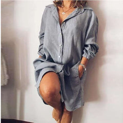 Casual Loose Pure Lapel Long sleeve Fastener Shirt Shift Dresses
