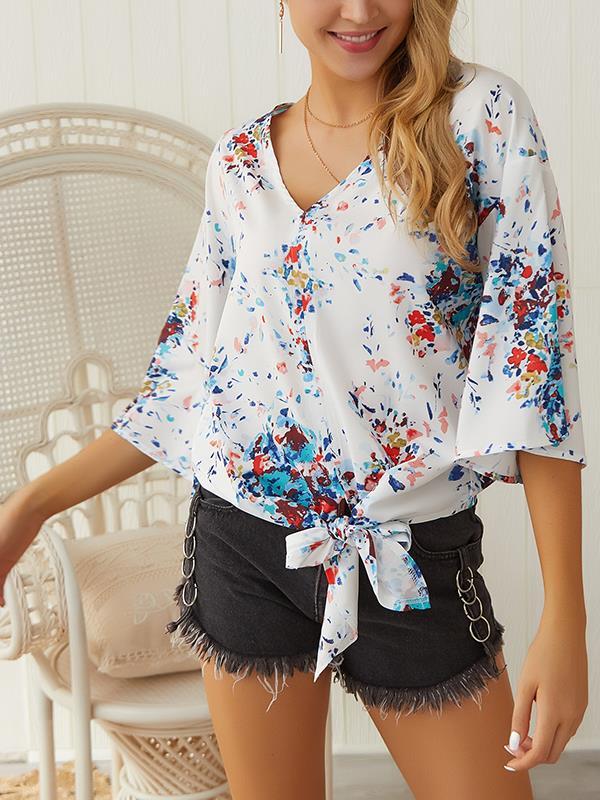 Chic V neck Women street style floral printed T-shirts