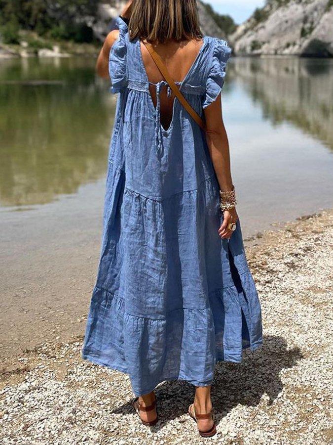 Blue V Neck Short Sleeve Cotton-Blend Casual Dresses