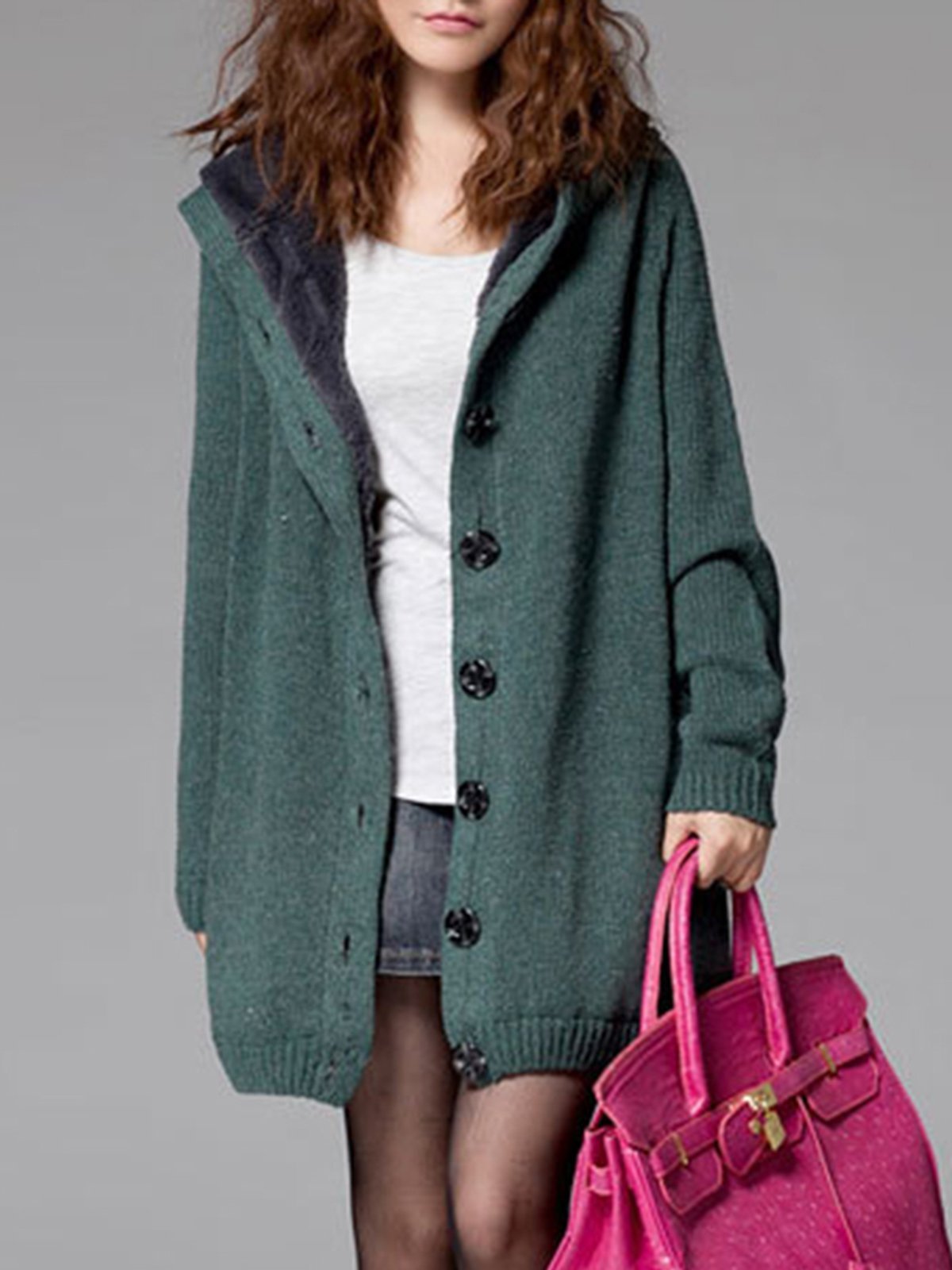 Buttoned Hoodie Knitted Long Sleeve Cardigan Coat