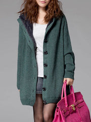 Buttoned Hoodie Knitted Long Sleeve Cardigan Coat