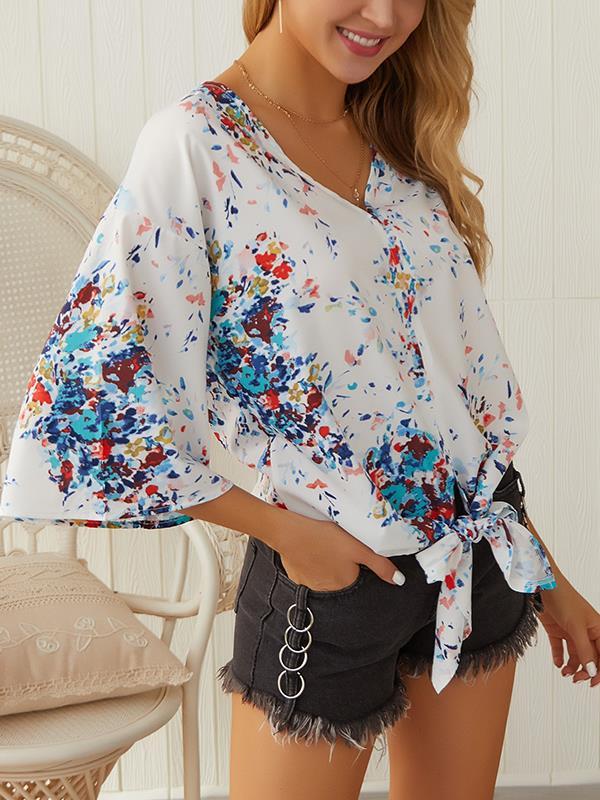 Chic V neck Women street style floral printed T-shirts