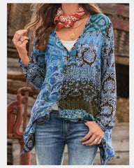 Casual Loose Retro print V neck Long sleeve Blouses