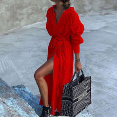 Fashion Pure Lapel Long sleeve Lacing Shirt Maxi Dresses