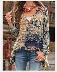 Casual Loose Retro print V neck Long sleeve Blouses