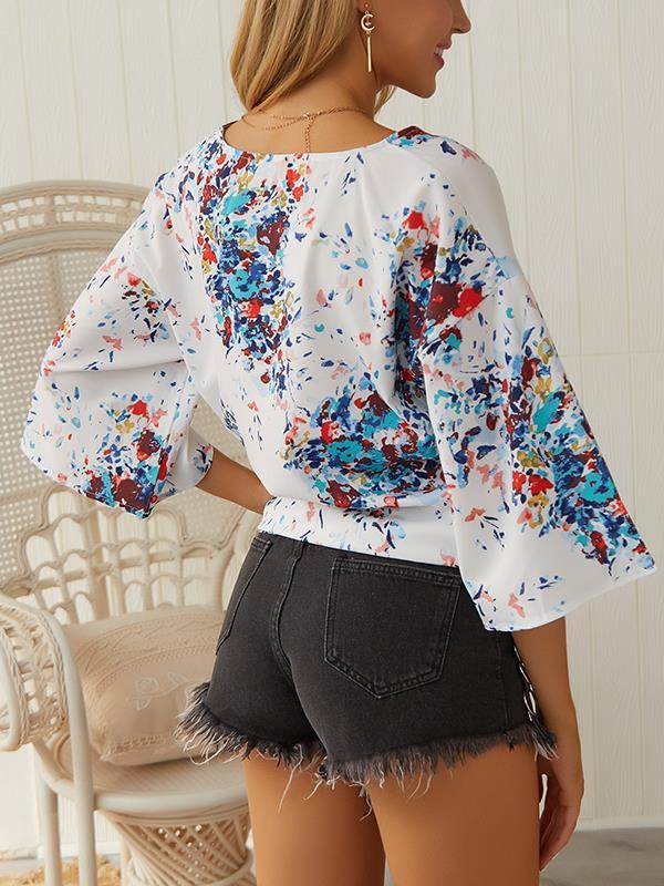 Chic V neck Women street style floral printed T-shirts