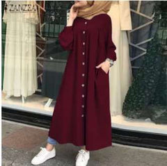 Fashion Pure Gored Fastener Long sleeve Pocket Maxi Dresses