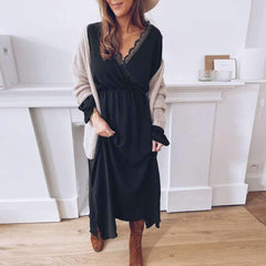 Fashion Pure Lace V neck Long sleeve Skater Maxi Dresses