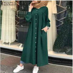 Fashion Pure Gored Fastener Long sleeve Pocket Maxi Dresses