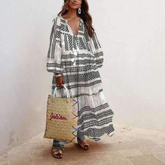 Casual Loose Print V neck Long sleeve Maxi Dresses