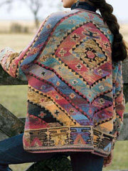 Casual Loose Stripe Print Long sleeve Woollen Coat