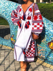 Casual Loose Print V neck Long sleeve Lacing Maxi Dresses