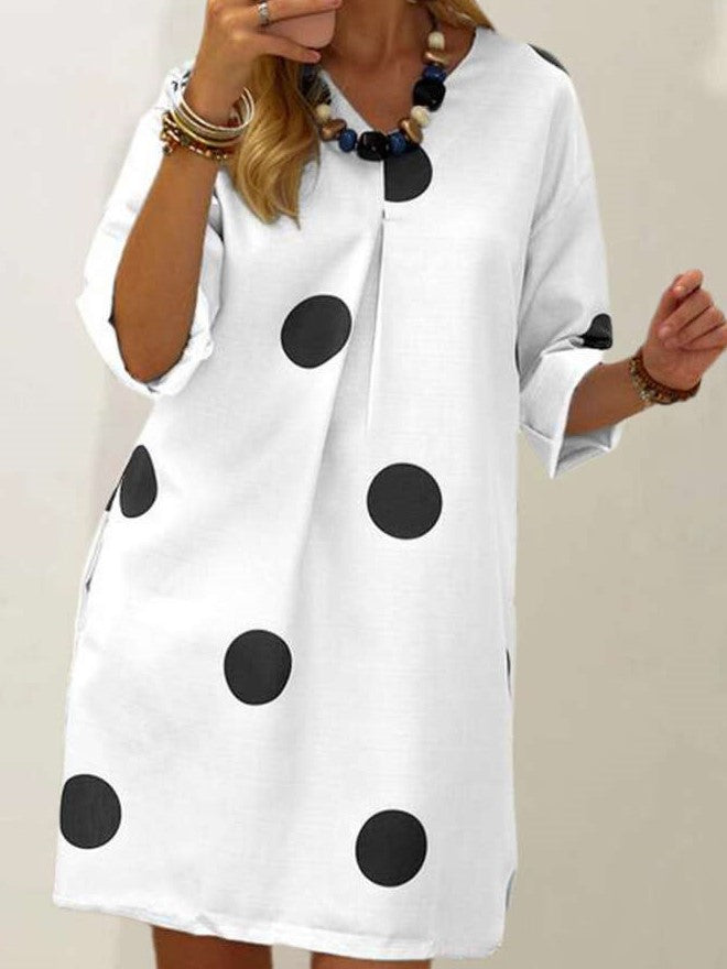 Casual Loose Point print V neck Long sleeve Shift Dresses