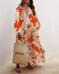 Casual Loose Print V neck Long sleeve Maxi Dresses