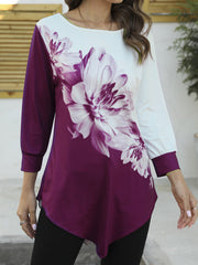 Round neck flower printed elegant long sleeve T-shirts