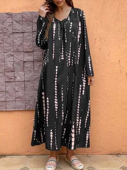 Casual Loose Stripe V neck Long sleeve Maxi Dresses