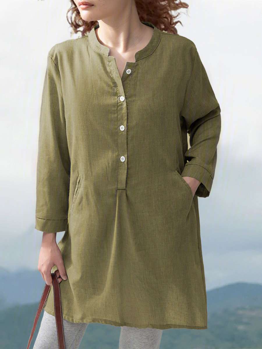 Casual Loose Pure Fastener Round neck Long sleeve Shirt Shift Dresses