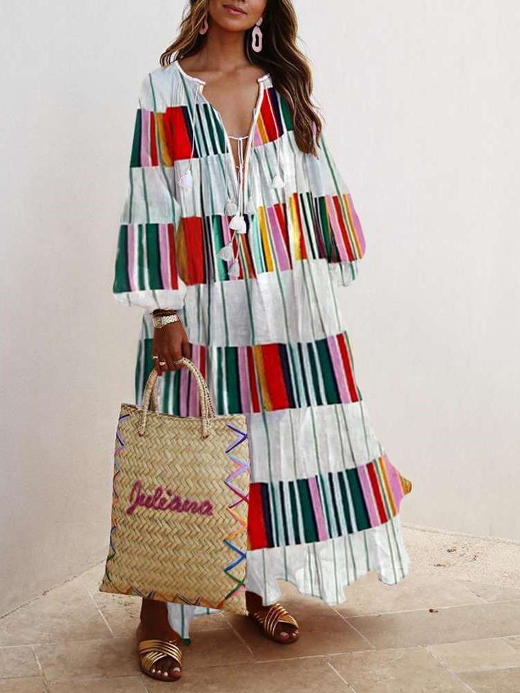 Casual Loose Print V neck Long sleeve Maxi Dresses
