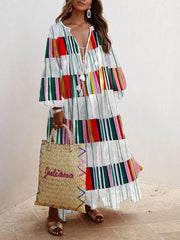 Casual Loose Print V neck Long sleeve Maxi Dresses