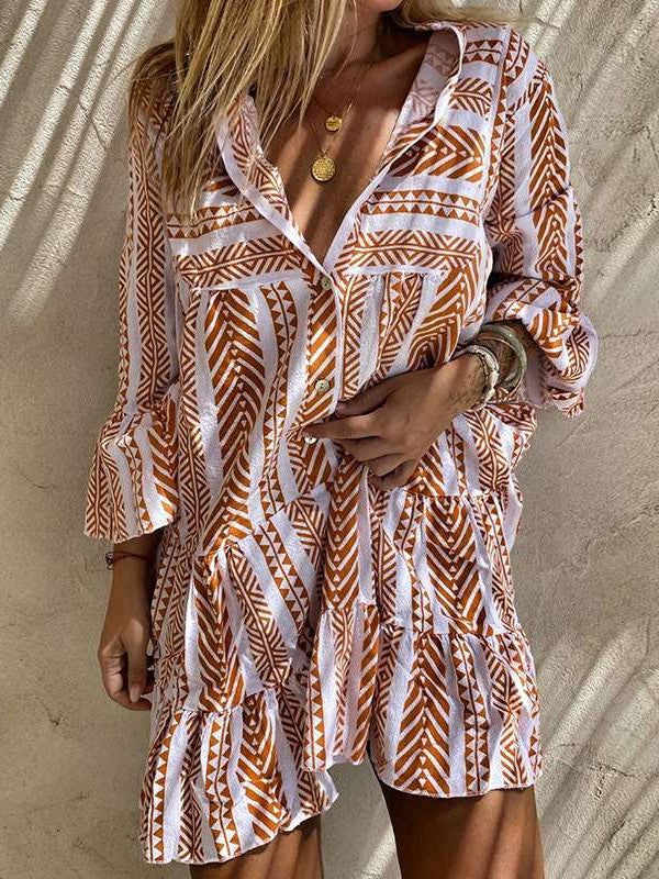 Casual Stripe print V neck Long sleeve Shift Dresses