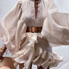 Casual Loose Pure V neck Puff sleeve Belt Skater Dresses