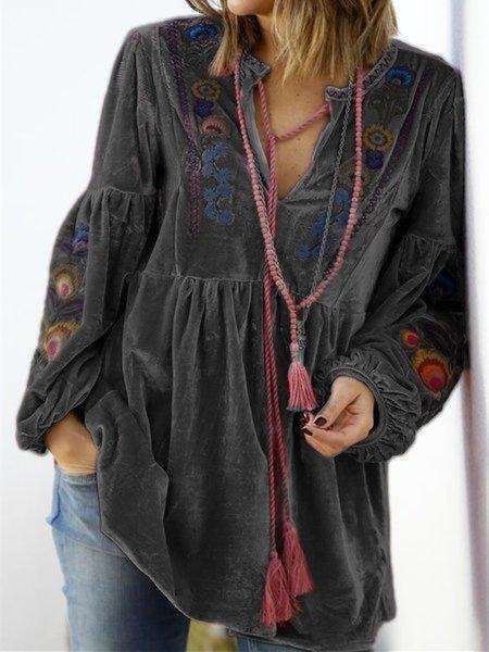 Casual Loose Plush Floral print V neck Long sleeve Gored Lacing Sweatshirts