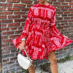 Fashion Print Round neck Long sleeve Lacing Skater Dresses