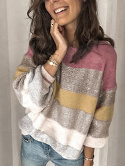 Casual loose round neck multi-color patchwork knit sweaters