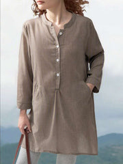 Casual Loose Pure Fastener Round neck Long sleeve Shirt Shift Dresses