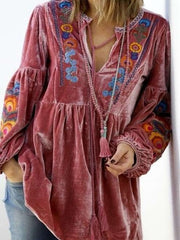 Casual Loose Plush Floral print V neck Long sleeve Gored Lacing Sweatshirts