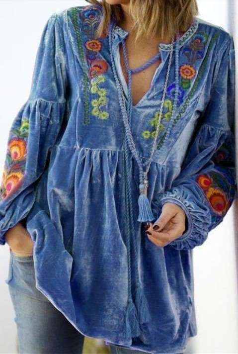 Casual Loose Plush Floral print V neck Long sleeve Gored Lacing Sweatshirts
