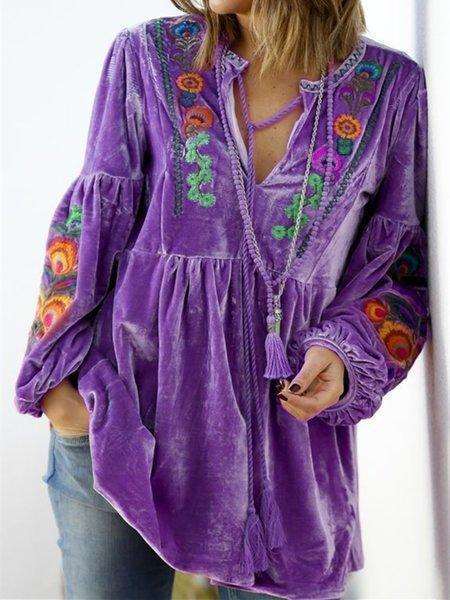 Casual Loose Plush Floral print V neck Long sleeve Gored Lacing Sweatshirts