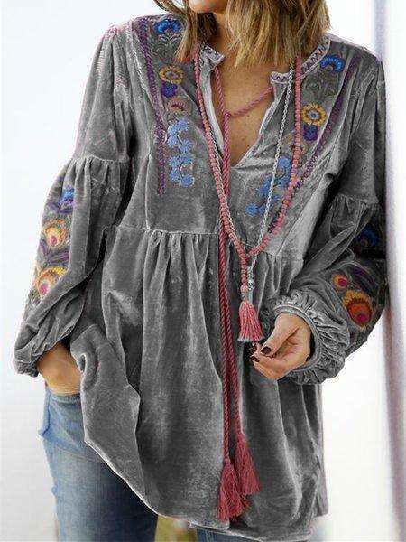 Casual Loose Plush Floral print V neck Long sleeve Gored Lacing Sweatshirts