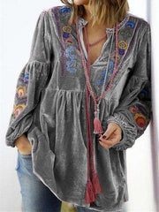 Casual Loose Plush Floral print V neck Long sleeve Gored Lacing Sweatshirts