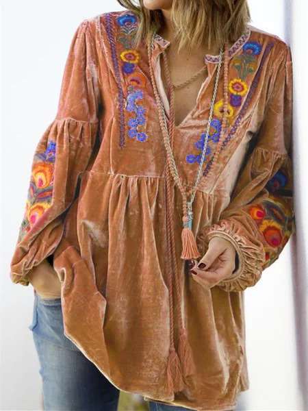 Casual Loose Plush Floral print V neck Long sleeve Gored Lacing Sweatshirts