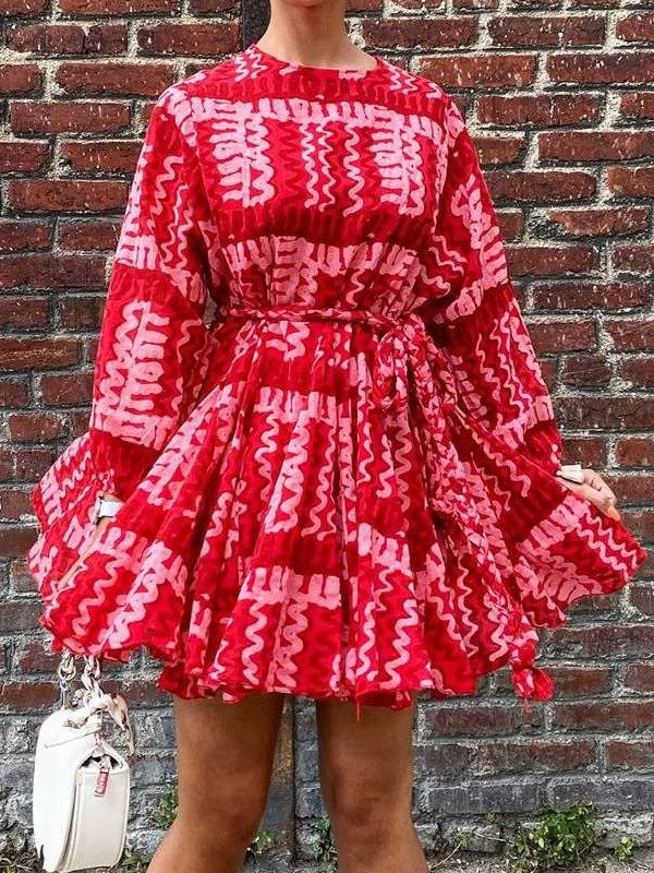 Fashion Print Round neck Long sleeve Lacing Skater Dresses
