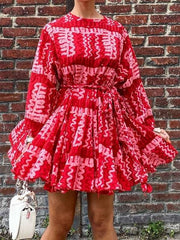 Fashion Print Round neck Long sleeve Lacing Skater Dresses
