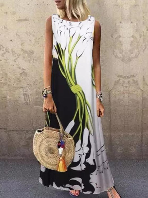 Printed Round neck sleeveless loose print evening dresses