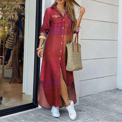 Fashion Casual Plaid Lapel Long sleeve Skirt Maxi Dresses