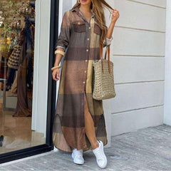 Fashion Casual Plaid Lapel Long sleeve Skirt Maxi Dresses