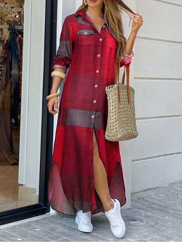 Fashion Casual Plaid Lapel Long sleeve Skirt Maxi Dresses