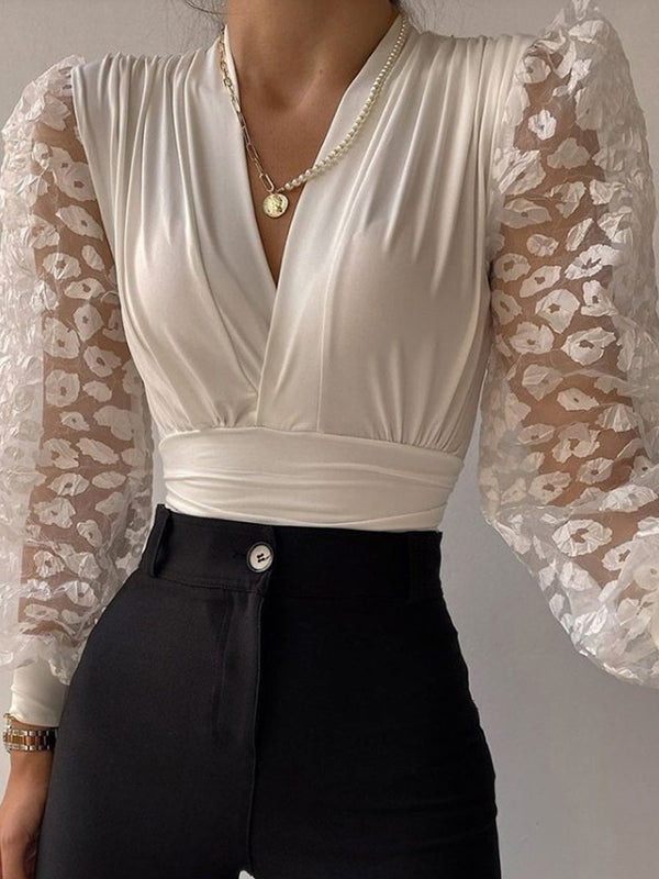 White Panel Lace Casual Top Stylish blouses