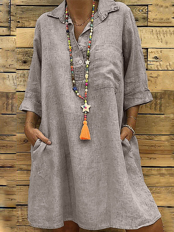 Loose Oversized 3/4 sleeve shirt turn down collar shift dresses